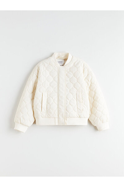 LC Waikiki Εκρού ψηλός λαιμός Καπιτονέ Παλτό για Κορίτσια με Σχέδιο