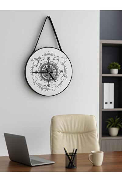 incirgüneyi Compass Embroidered Wooden Wall Clock with Leather Belt