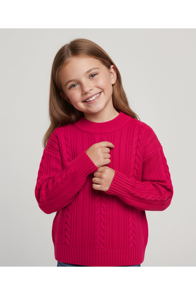 Pine kids Knit Full Sleeves Sweater with Cable Knit Design - Dark Pink