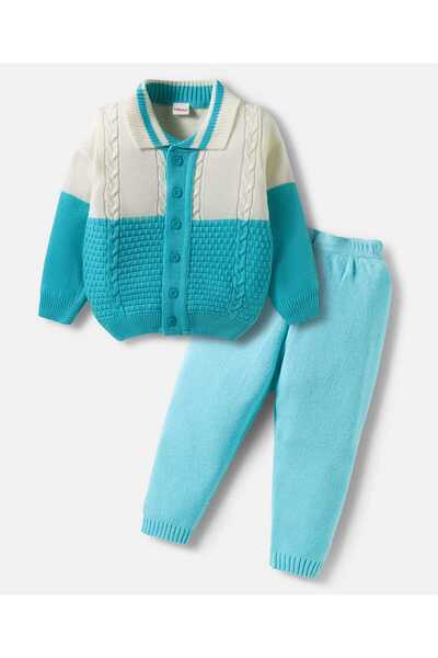 Babyhug طقم كنزة وبنطال ألوان متباينة بأكمام طويلة مفتوحة من الأمام بتصميم ضف...