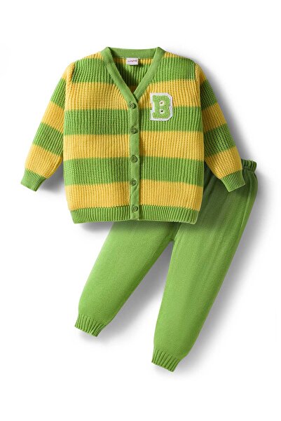 Babyhug Knit Full Sleeves Front Open Sweater & Pants Set with Color Block Des...