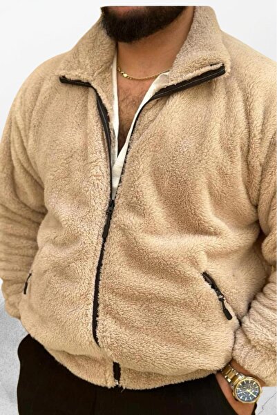 CAST COLLECTİON Men's Light Beige Zippered Plush Jacket