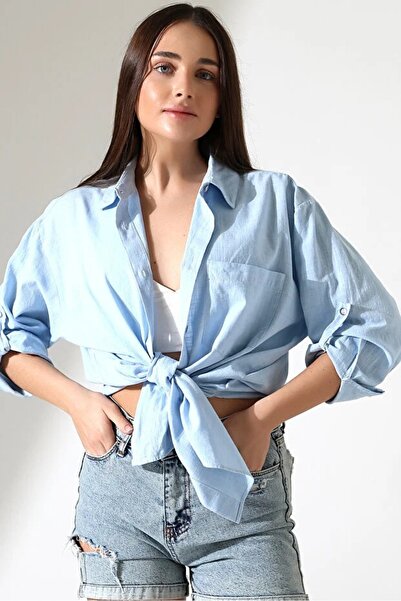 Corradeo Giyim Women's Light Blue Linen Oversized Shirt