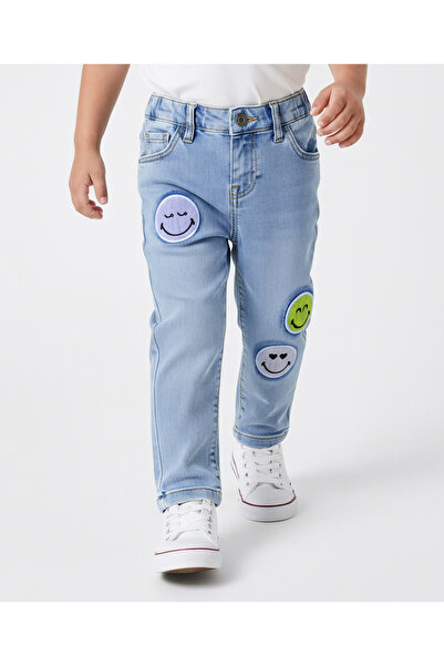 Bonfino بنطلون جينز مزين برقعة مبتسمة - أزرق فاتح