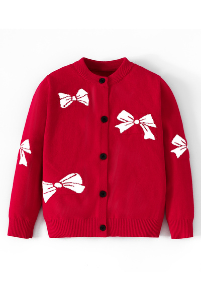 SAPS 100% Cotton Bow Embroidered Full Sleeves Front-Buttoned Sweater - Red