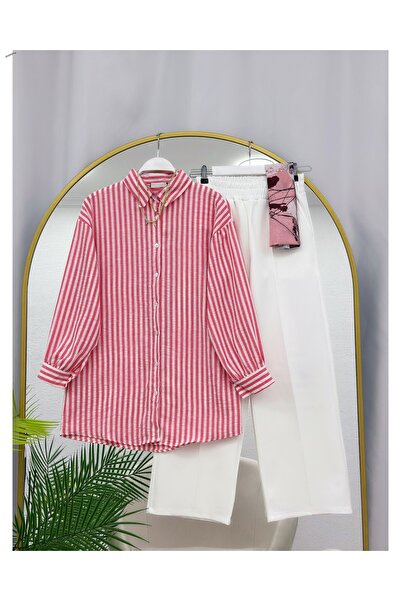 YEDİLALE Striped Sports Long Shirt Straight-Leg Pants Double Set [Excluding S...