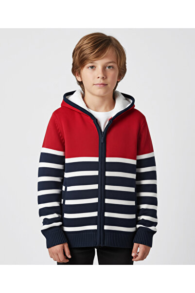 Pine kids Knit Full Sleeves Hooded Front Open Sweater with Stripes & Pocket -...