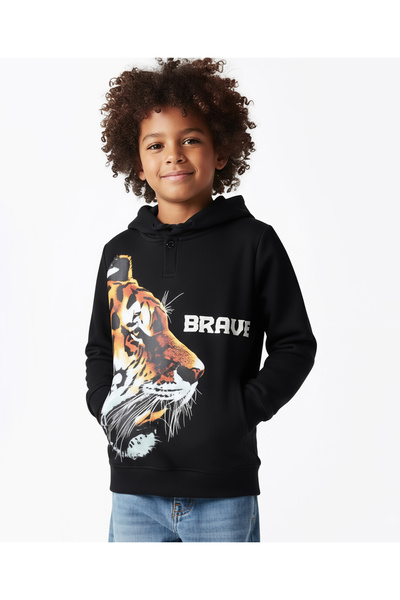 Pine kids Cotton Knit Full Sleeves Hooded Sweatshirt with Tiger Print - Black