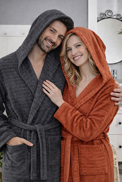 Asilex Home Collection Pamuklu Kapüşonlu Çift Kişilik Antrasit-Kiremit Bornoz...