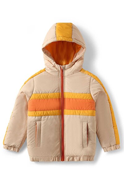 Pine kids Woven Full Sleeves Padded Hooded Jacket With Cut & Sew Design - Beige