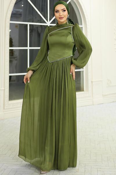 Olcay Pearl and Satin Detailed Yoryo Silk Hijab Evening Dress Green 1688