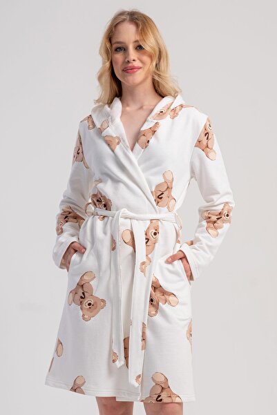 VİENETTA Women's Hooded Long Sleeve Belted Dressing Gown Teddy Bear Patterned...