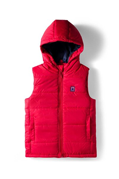 Pine kids Solid Sleeveless Hooded Padded Jacket with Patch - Red