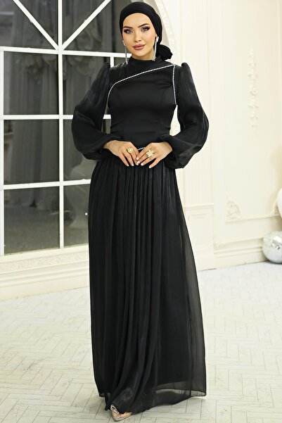 Olcay Yoryo Seiden-Hijab-Abendkleid mit Perlen- und Satindetails SCHWARZ 1688