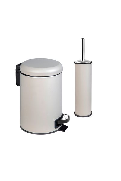 GörSeç 3 Litre BEJ Elit Lüks Banyo Seti Pedallı Çöp Kovası Tuvalet Fırçası LÜKS Banyo Çöp Kovası