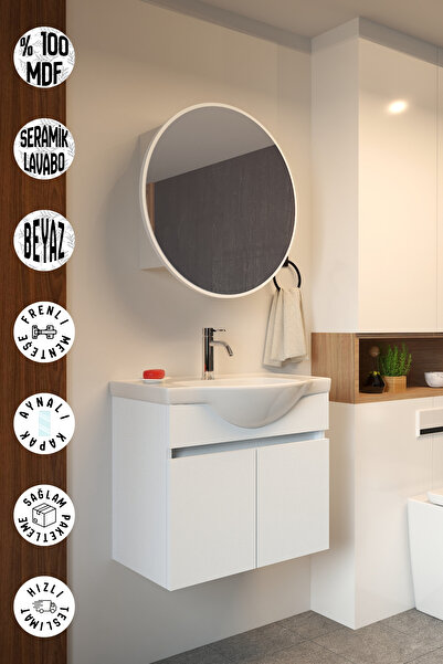 makbulce Erciyes 65cm Seramik Lavabolu MDF Oval Aynalı Banyo Dolabı