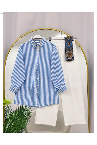 YEDİLALE Striped Sports Long Shirt Straight-Leg Pants Double Set [Excluding S...