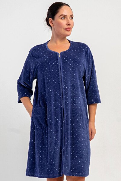 VİENETTA Women's Plus Size Velvet Fabric Zippered Capri Sleeve Home Dress Nig...