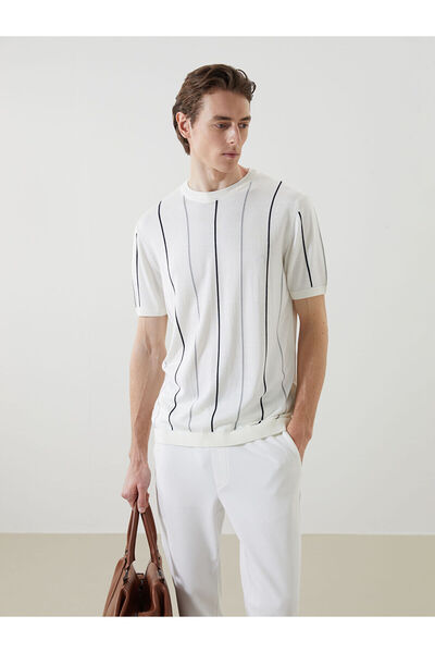 LC Waikiki LCW Vision Ecru Rundhalsausschnitt Kurzarm gestreift Herren Strick...