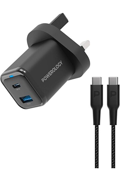 Powerology شاحن سريع فائق الصغر بمنفذين مع كابل مضفر من نوع USB-C إلى USB-C، ...