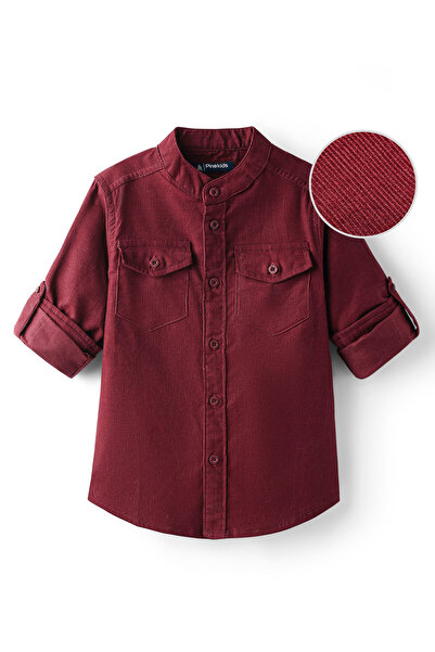 Pine kids قميص سادة بلون عنابي، بياقة ماندرين مزخرفة، وجيوب أمامية منسوجة من ...