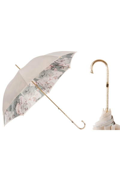 PASOTTI Fildişi Rengi Çiçek Motifli Çift Katlı Kumaş Pirinç Saplı Şemsiye 93 cm