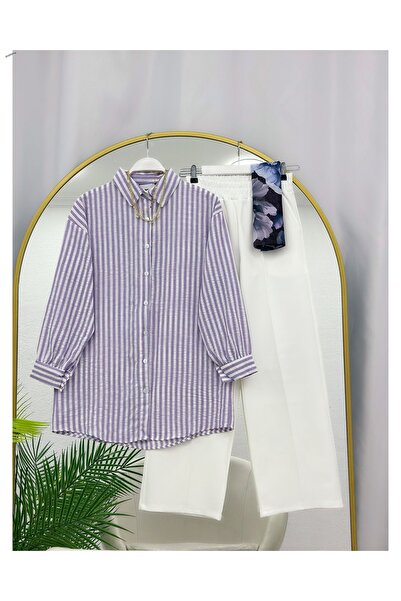 YEDİLALE Striped Sports Long Shirt Straight-Leg Pants Double Set [Excluding S...