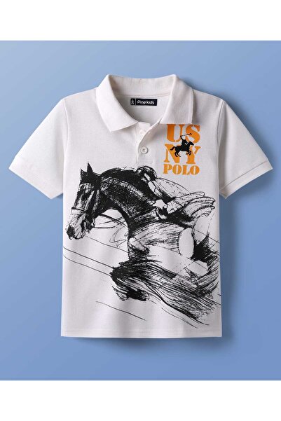 Pine kids قميص قطني محبوك بنصف كم بنقشة بولو - أبيض