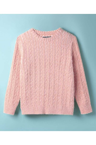 Pine kids Knit Full Sleeves Pullover Sweater with Cable Knit Design - Pink