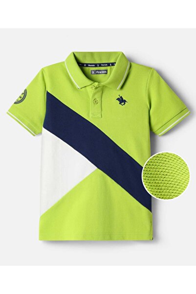 Pine kids قميص بولو قطني محبوك بنصف كم ونقش بارز مع شعار العلامة التجارية - م...