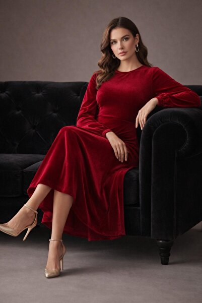 Mossta Women's Comfortable Fit Long Sleeve Velvet Dress - Red