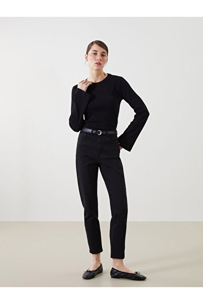 LC Waikiki Μαύρο γυναικείο τζιν παντελόνι Mom Fit με ζώνη μέσης