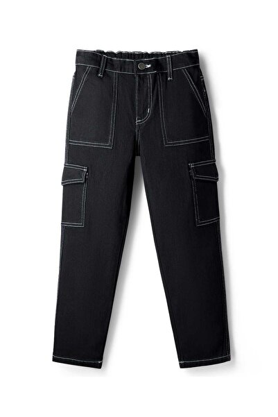 Pine kids بنطال جينز مغسول بطول كامل من قماش الدنيم المنسوج - أسود