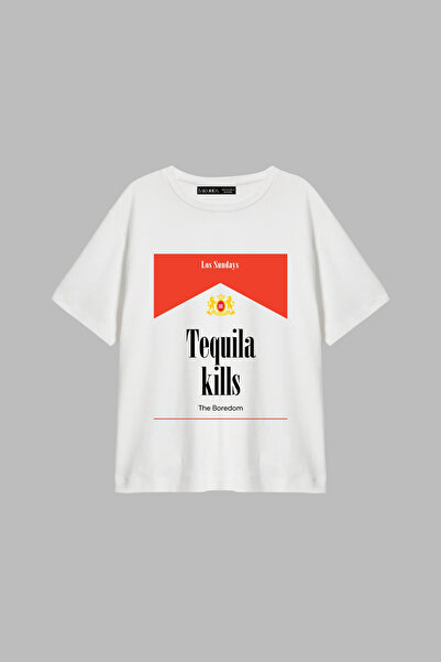 Bak Moda تي شيرت نسائي أبيض من تيكيلا كيلز مطبوع قصة مريحة