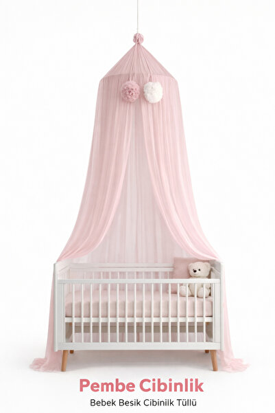Jaju Baby Pudra Beşik Cibinliği – Tüllü, Pompon Detaylı Bebek Cibinliği - 200cm