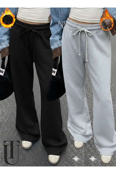 CAONNES بنطلون رياضي نسائي قصة فضفاضة قطعتين شتوي مبطن بالقطن باللونين الأسود...