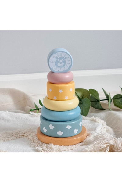 OEMN Turn de stivuire și sortare Montessori din lemn cu inele pastelate