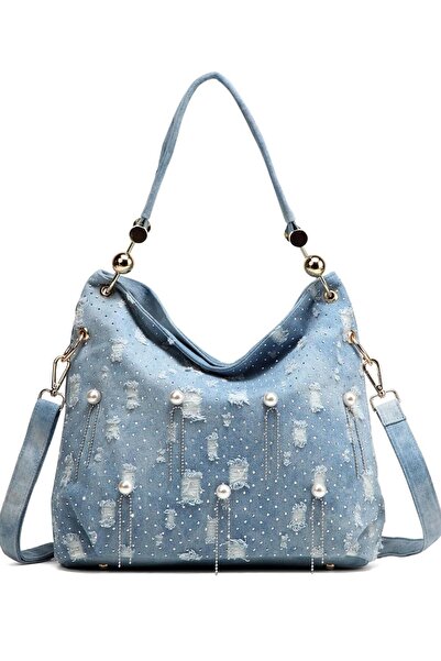 Guja C1086 Women's Large Size Imported Denim Bag with Pearls and Stones