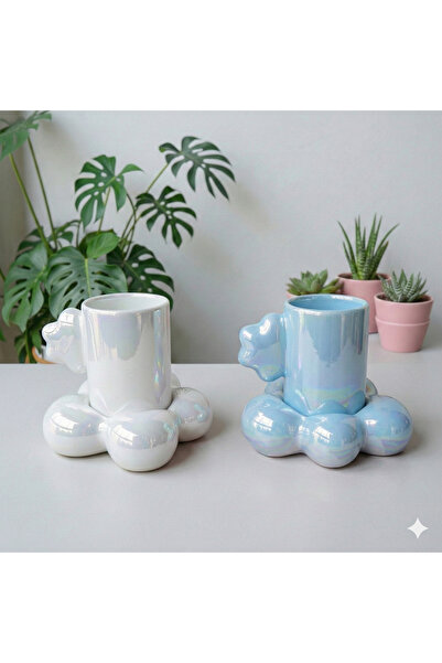 Deniz Kızı Seramik 2-Piece Cloud Cup White - Blue / Handmade Ceramic Cup / Co...