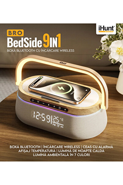iHunt Boxă Bluetooth de noptieră 9 în 1 cu încărcare wireless, ceas, alarmă și lumină LED