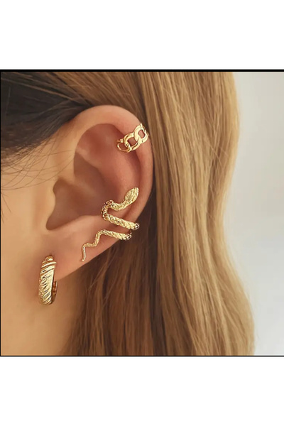 AYLİS 3’lü Set Sevimli ve Şık Altın Renk Yılan Halka Küpe | Kadın Küpeleri