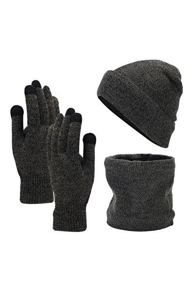 Bukela Winter Beanie Hat Scarf Touchscreen Gloves Set Warm Knit 3 Piece Grey