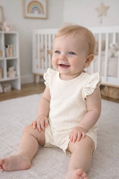 OMY 3-6-9 Months Waffle Ruffled Baby&Child Jumpsuit&Salopet with Ruffled Shou...