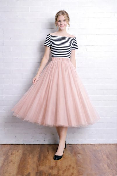 SUNEH Powder 3 Layer 75cm Length Midi Puffy Zippered Elastic Waist Comfortable High Waist Party Tulle Skirt