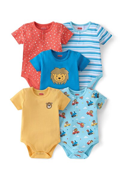 Babyhug 100% Cotton Knit Half Sleeves Striped & Lion Printed Onesies (Pack Of...