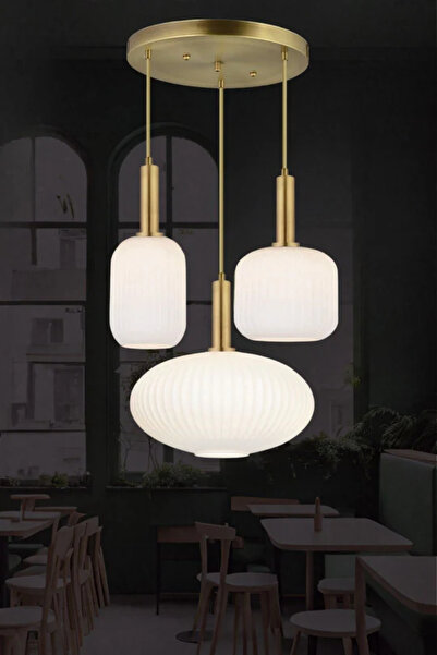 RONİSU AYDINLATMA Rustik Modern Opal Beyaz Camlı 3'lü Sarkıt Avize