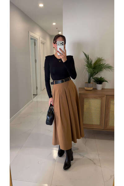 BİRCANÇİL Morse Black Camel Premium Shoulder Pad Piece Belted Dress