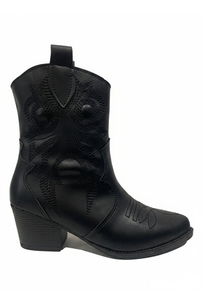 iskarpino Women's Heeled Black Embroidered Cowboy Boots