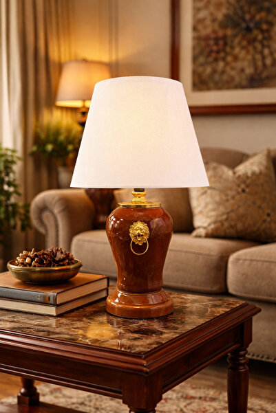 ferayhome Abajur Aydınlatma Şah Aslanlı Açık Kahverengi Gold Mermer Beyaz Şap...