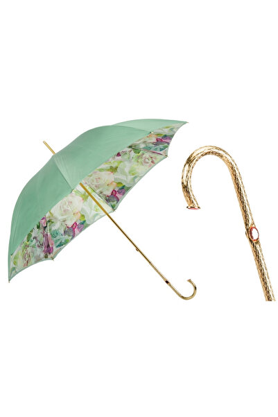 PASOTTI Yeşil Ve Pembe Güller Desenli Çift Katlı Şemsiye Manuel Açma Uzunluk:...